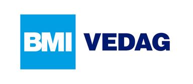 Logo von BMI VEDAG mit blauer und schwarzer Schrift auf weißem Hintergrund.